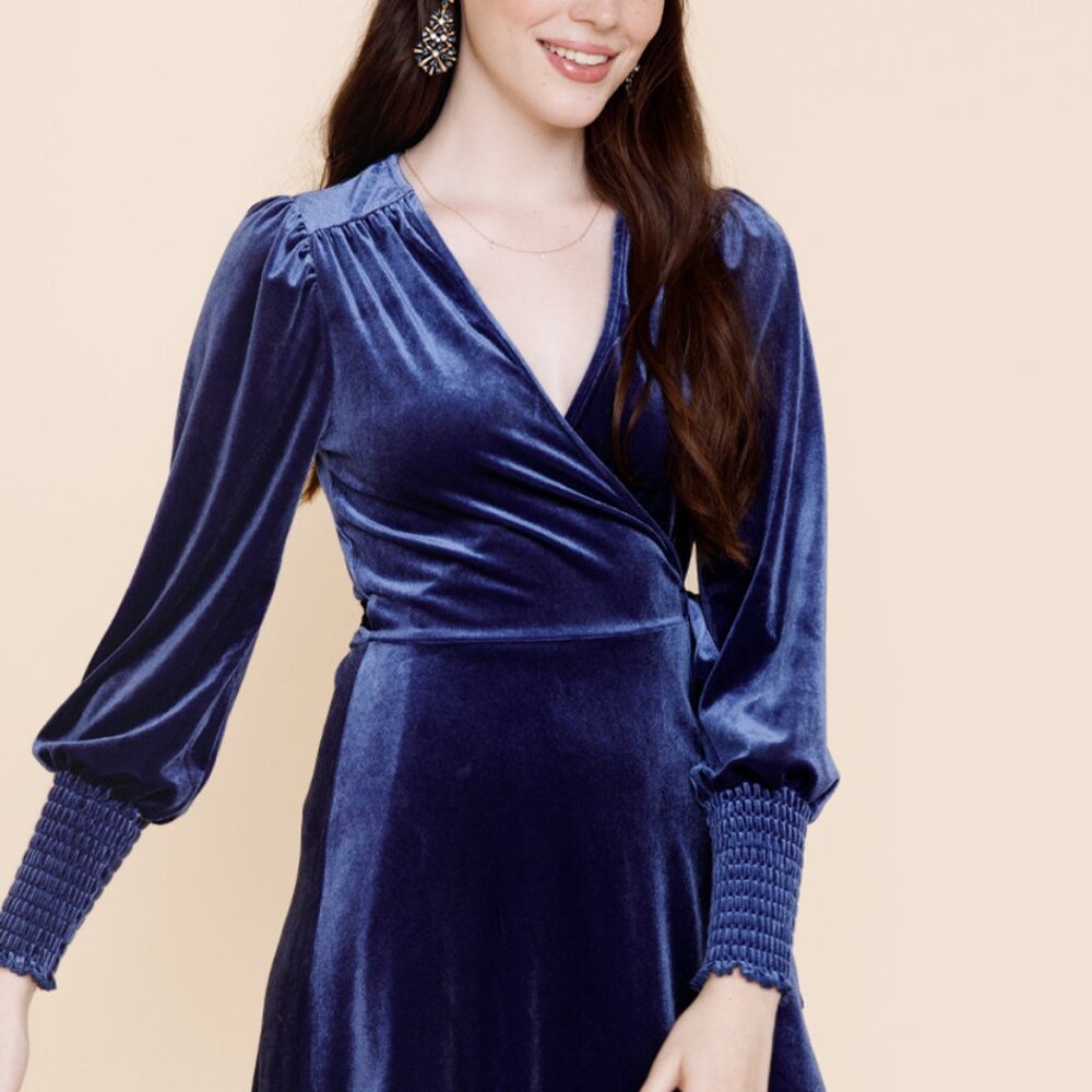 Francesca's Blue Velvet Anne Wrap Mini Dress